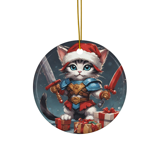 Kitten Christmas Ornament, Holiday Tree Decoration, Adorable Cat Gift, Round Ceramic Keepsake, KITTEN WARRIOR
