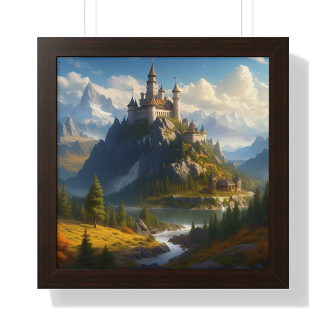 Video Game Fantasy Castle, RPG Valley Framed Poster, Mountain Nature Scene Picture, Open World Style Wall Hanging, Gamer Office Scenery