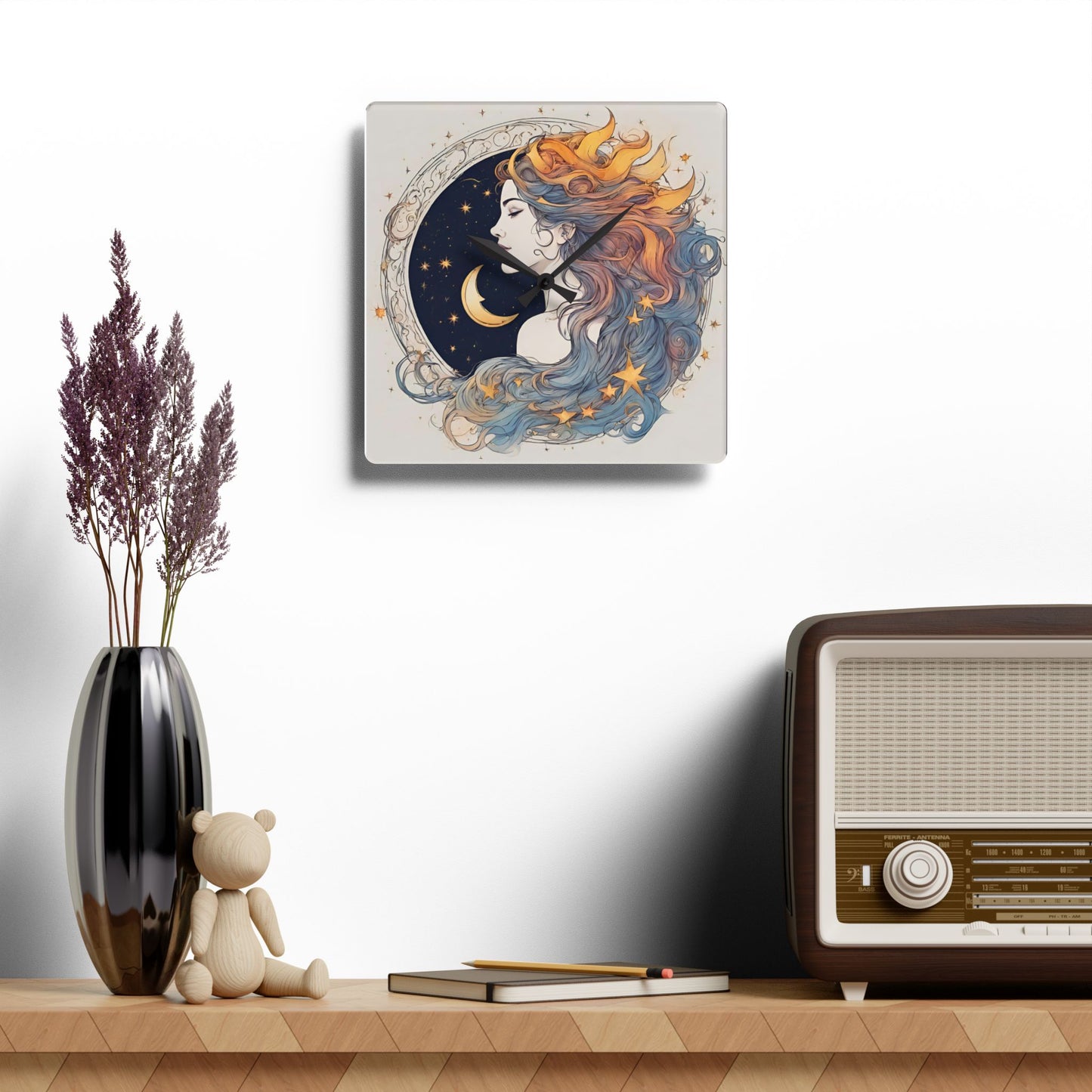 Moon Goddess Acrylic Art Clock | Lunar Stars & Space Astronomy Wall Hanging | Astrology Woman Home Office Solar System Wall Decor Gift