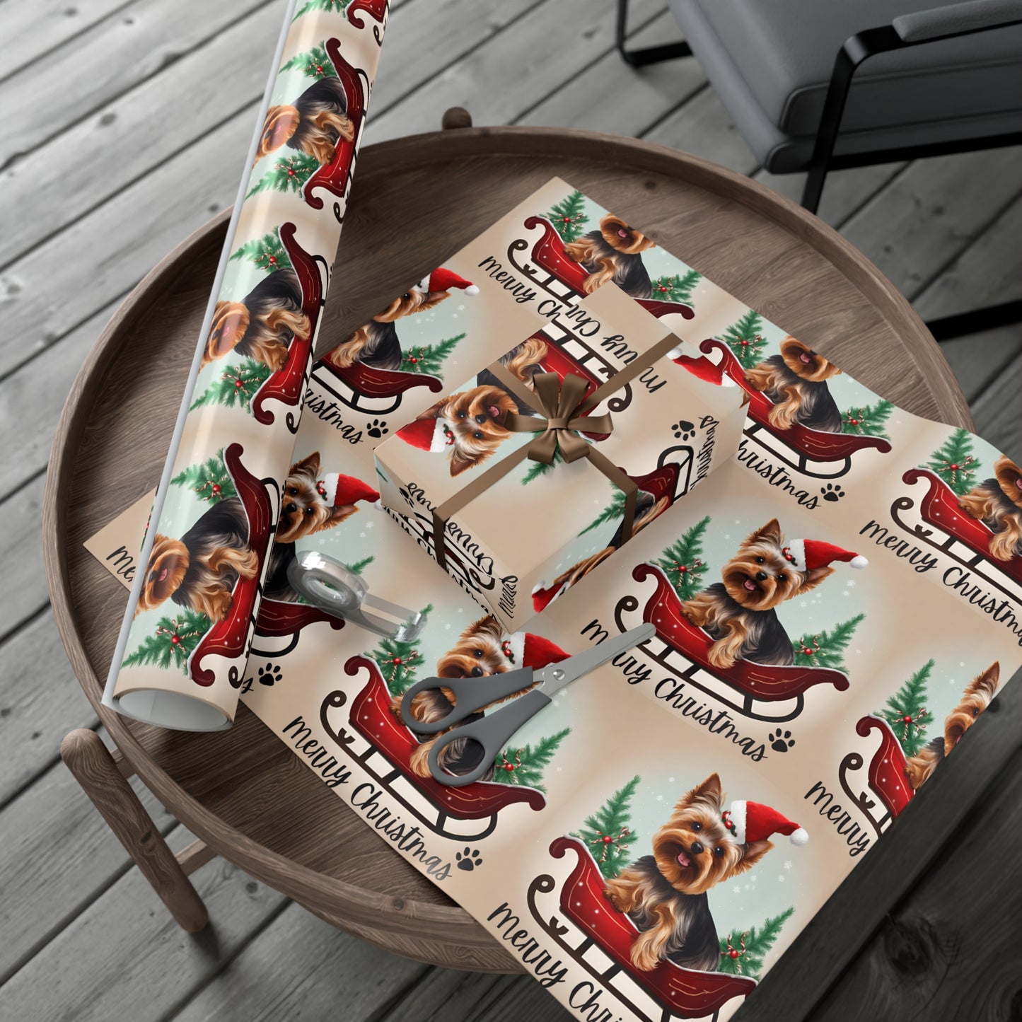 Dog Christmas Wrapping Paper, Yorkshire Terrier Sled Xmas Wrap, Santa Hat Yorkie Gift Wrap, Holiday Gift Wrap Roll