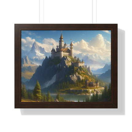 Video Game Fantasy Castle, RPG Valley Framed Poster, Mountain Nature Scene Picture, Open World Style Wall Hanging, Gamer Office Scenery