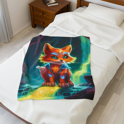 Crystal Fox Guardian Kids Blanket, Glowing Waterfall Cave Plush Throw Cover, Neon Mystic Cavern, Armored Fox Bedroom Twin Cover
