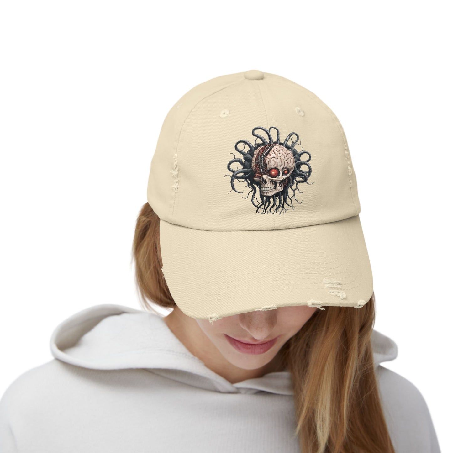 Alien Brain Robot Skull Hat, Contra Video Game Inspired Ball Cap, Metal Tentacle Cyborg Outer Space Bedroom Spring, Summer, Fishing Gift