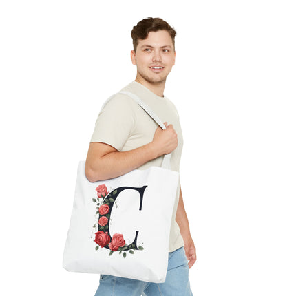 Custom Letter Personalized Tote | Rose Flowered Grocery Travel Bag | Floral Print Roses Office Laptop & Books or Exercise Overnight Carrier