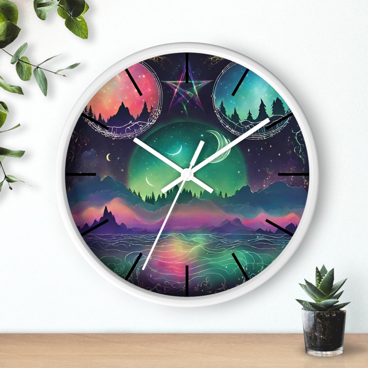Moonlight Mountains Wall Clock | Aurora Borealis Astronomy Star Moons Constellations Office Decor Gift, Solar System Home Hanging Unique Art