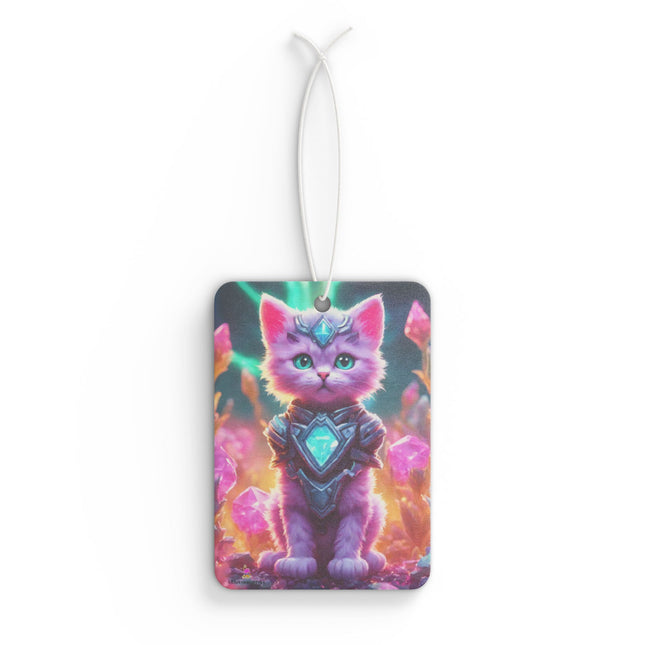 Neon Violet Pink Fur Warrior Cat Car Air Freshener, Crystal Gem Field Feline Scented Gift, Armored Cosmic Furry Kitten Truck Auto Accessory