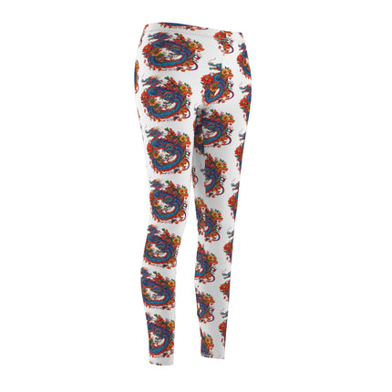 Flower Dragon Skinny Leggings, Floral Chinese Serpent Lounge Tights, Elastic Exercise Jogging Pattern Yoga Pants