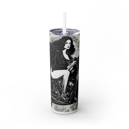 GOTHIC BEAUTY BIKER Skinny Tumbler - Leather Clad Motorcycle Riding Babe  Cup