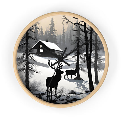 HUNTING CABIN Wall Clock - Winter Deer Scene Rustic Lodge Decor