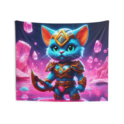 Warrior Cat Crystal Art Tapestry, Blue Armored Kitten Water Cavern Wall Hanging, Pink Glowing Stone Cave Mystical Bed & Game Room Gift