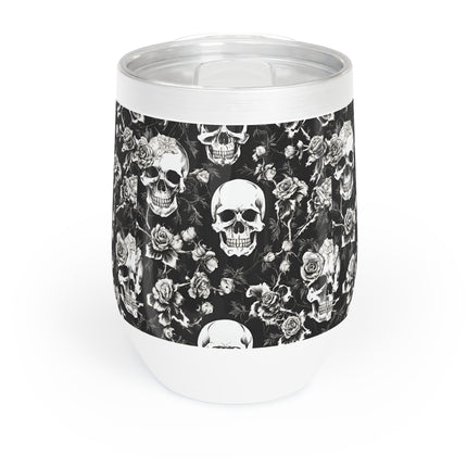 Skull and Flowers Wine Tumbler, Bone Flower Garden Pattern Wine Cooler, Flowered Design Skeleton Insulated Cup
