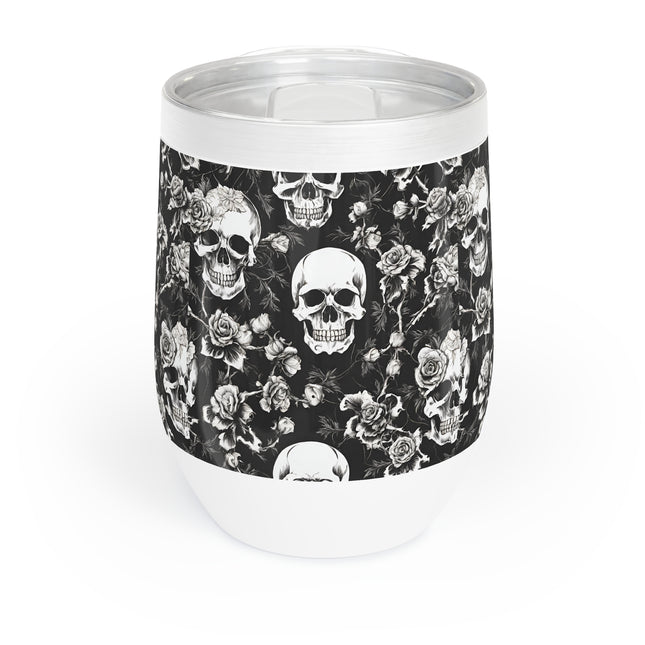 Skull and Flowers Wine Tumbler, Bone Flower Garden Pattern Wine Cooler, Flowered Design Skeleton Insulated Cup