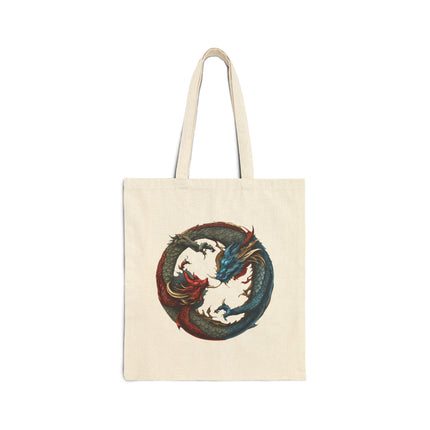 Chinese Dragon Yin Yang Canvas Tote, Red and Blue Twin Reptile Circle Bag, Grocery Shopping Cotton Carrier Traveler