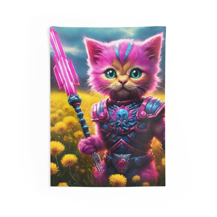 Warrior Cat Dandelion Art Tapestry, Pink Armored Kitten Neon Spear Wall Hanging, Yellow Flower Field Mystical Bed & Game Room Gift