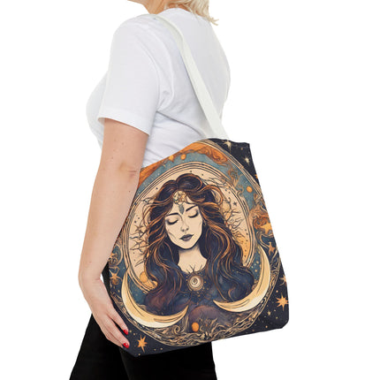 Sun & Moon Goddess Tote | Lunar Stars and Space Astronomy Grocery Bag | Wiccan Dreams Office Laptop Book Carrier | Solar System Travel Gift