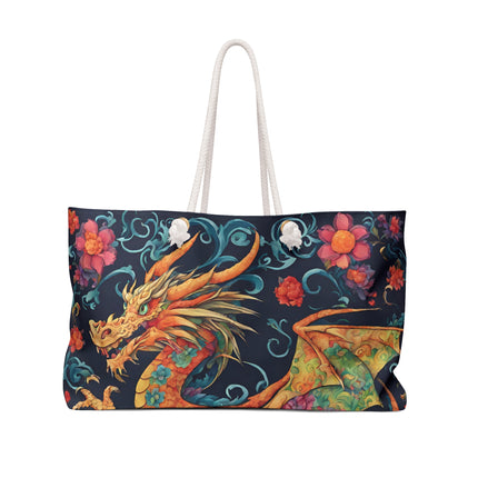Custom Weekender | Japanese Dragon Travel Bag | Flowered Floral Serpent Japan Style Cruise Airplane & Hotel Road Trip Overnight Carrier