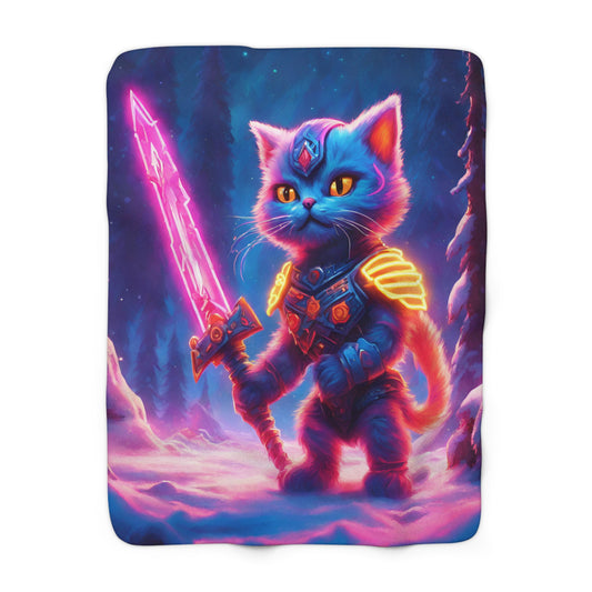 Warrior Cat Blanket, Glowing Kitten Plush Sherpa Blanket, Neon Sword Fleece, Armored Kitty Bed Cover, Winter Fantasy Couch Cover