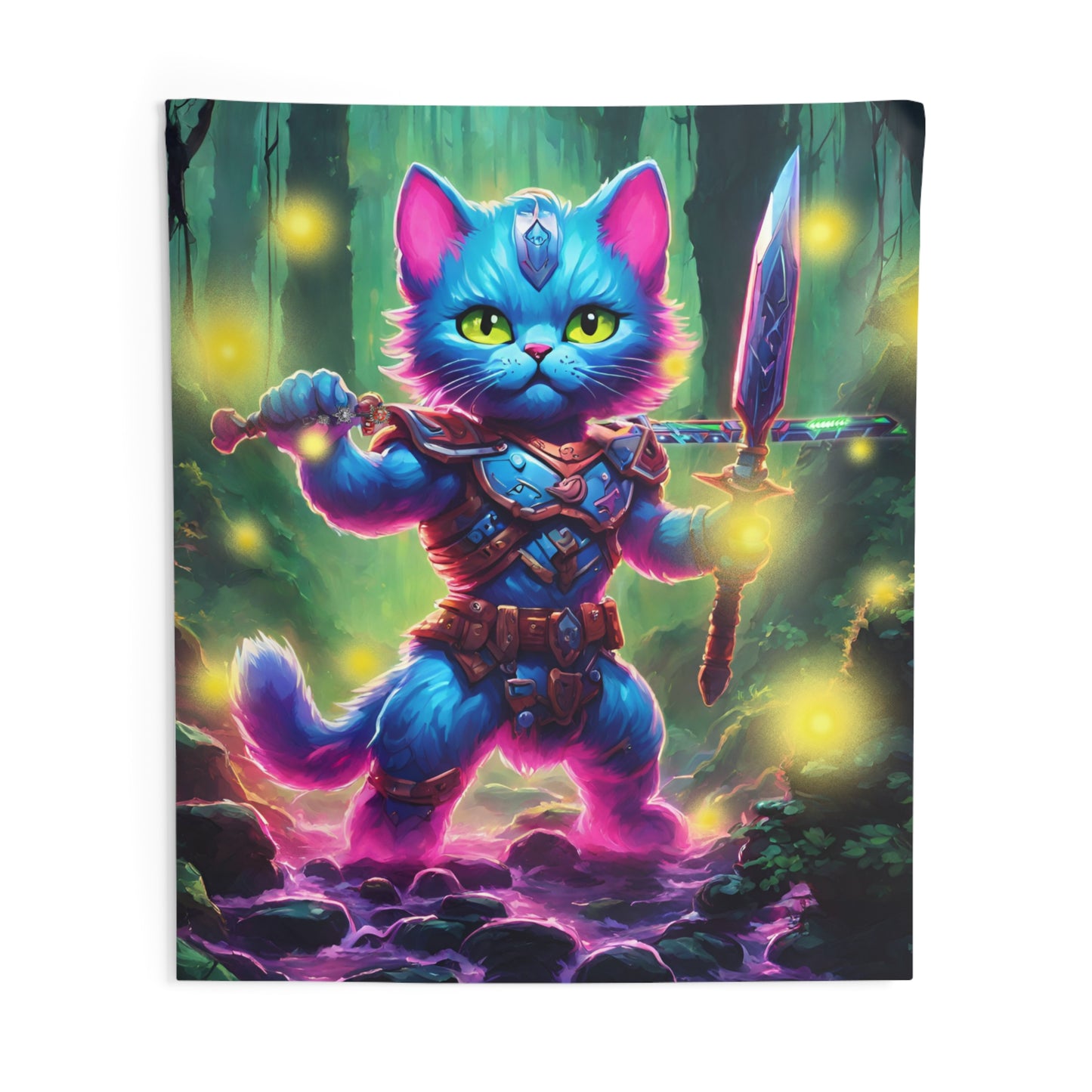 Warrior Cat Firefly Art Tapestry, Blue Armored Kitten Glowing Forest Wall Hanging, Pink Glowing Stone Creek Mystical Bed & Game Room Gift