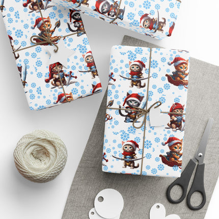 Christmas Wrapping Paper Kitten Warriors Snow Cats White Blue Red Santa Hats Snowflakes Presents Gift Wrap Holiday Gift Wrap Roll