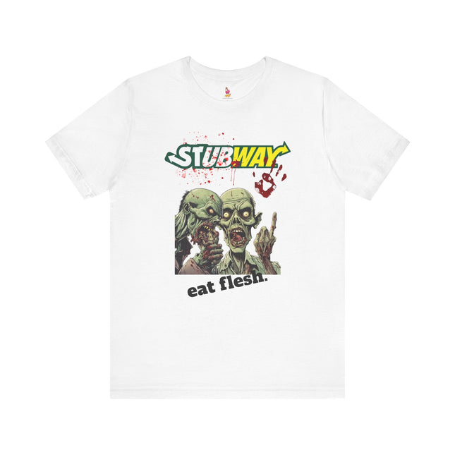 STUBWAY EAT FLESH Zombie Eating T-Shirt - Funny Subway Parody Horror Tee