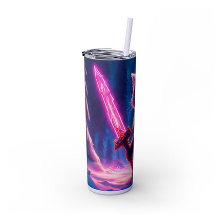 COSMIC NEON WARRIOR CAT Skinny Tumbler - Pink Glowing Sword Snow Kitten Cup
