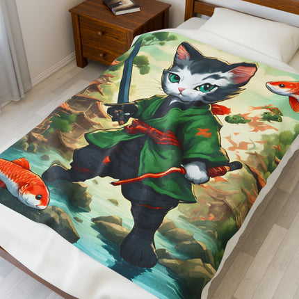 SAMURAI WARRIOR CAT Blanket - Japanese Koi Fish Kitten Ninja Cover