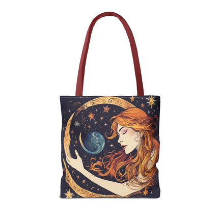 Moon Shaping Goddess Tote | Lunar Stars & Space Astronomy Grocery Bag | Woman Morphing Home Office Laptop Clothing Travel Overnight Gift