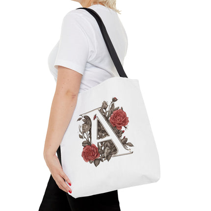 Custom Letter Personalized Tote | Rose Flowered Grocery Travel Bag | Floral Print Roses Office Laptop & Books or Exercise Overnight Carrier