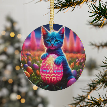 BLUE KITTEN COSMIC GALAXY EGG Tree Ornament