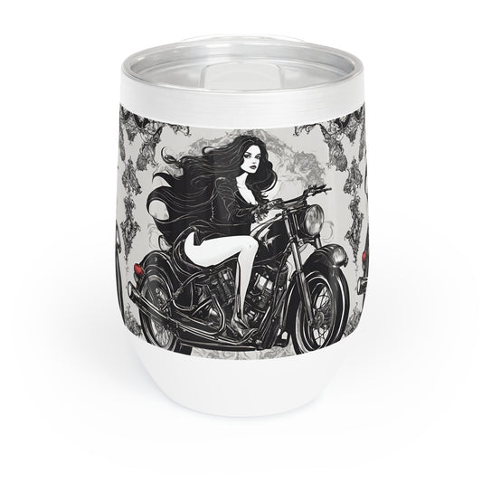 Gothic Girls Motorcyle Wine Tumbler, Biker Chick Riding Wine Cooler, Black and White Cycle Insulated Cup