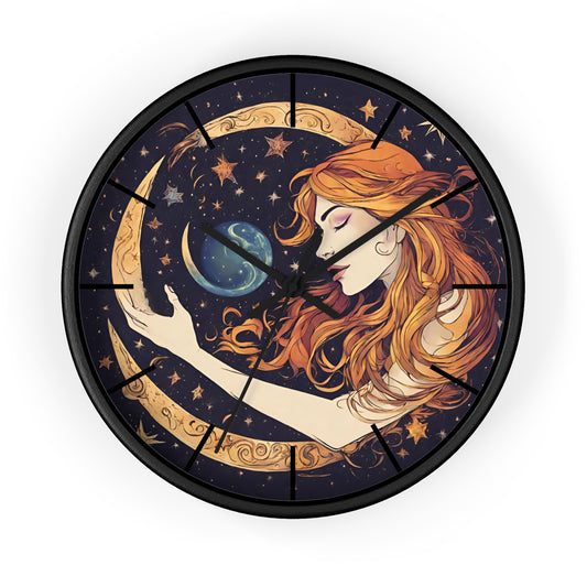 Moon Shaping Goddess Wall Art Clock | Lunar Stars & Space Astronomy Wall Hanging | Woman Morphing Home Office Solar System Wall Decor Gift