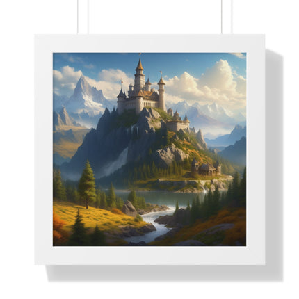 Video Game Fantasy Castle, RPG Valley Framed Poster, Mountain Nature Scene Picture, Open World Style Wall Hanging, Gamer Office Scenery