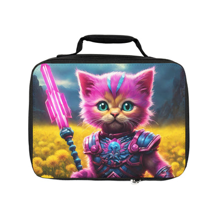 Neon Pink Warrior Cat Lunch Bag Box, Girls Lush Dandelion Flower Field Feline School Tote, Armored Kitten Crystal Glow Staff Insulated Bag