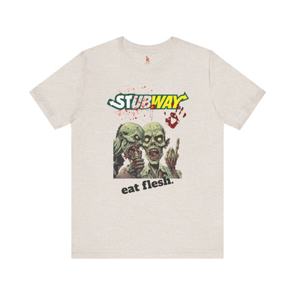 STUBWAY EAT FLESH Zombie Eating T-Shirt - Funny Subway Parody Horror Tee