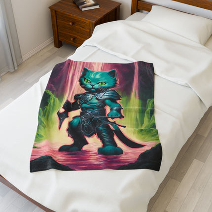 Warrior Blue Shank Cat Blanket, Waterfall Cave Kitten Warm Couch Throw, Glowing Neon Green Bed Cover, Armored Kitten Bedroom Plush Sheet