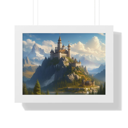 Video Game Fantasy Castle, RPG Valley Framed Poster, Mountain Nature Scene Picture, Open World Style Wall Hanging, Gamer Office Scenery