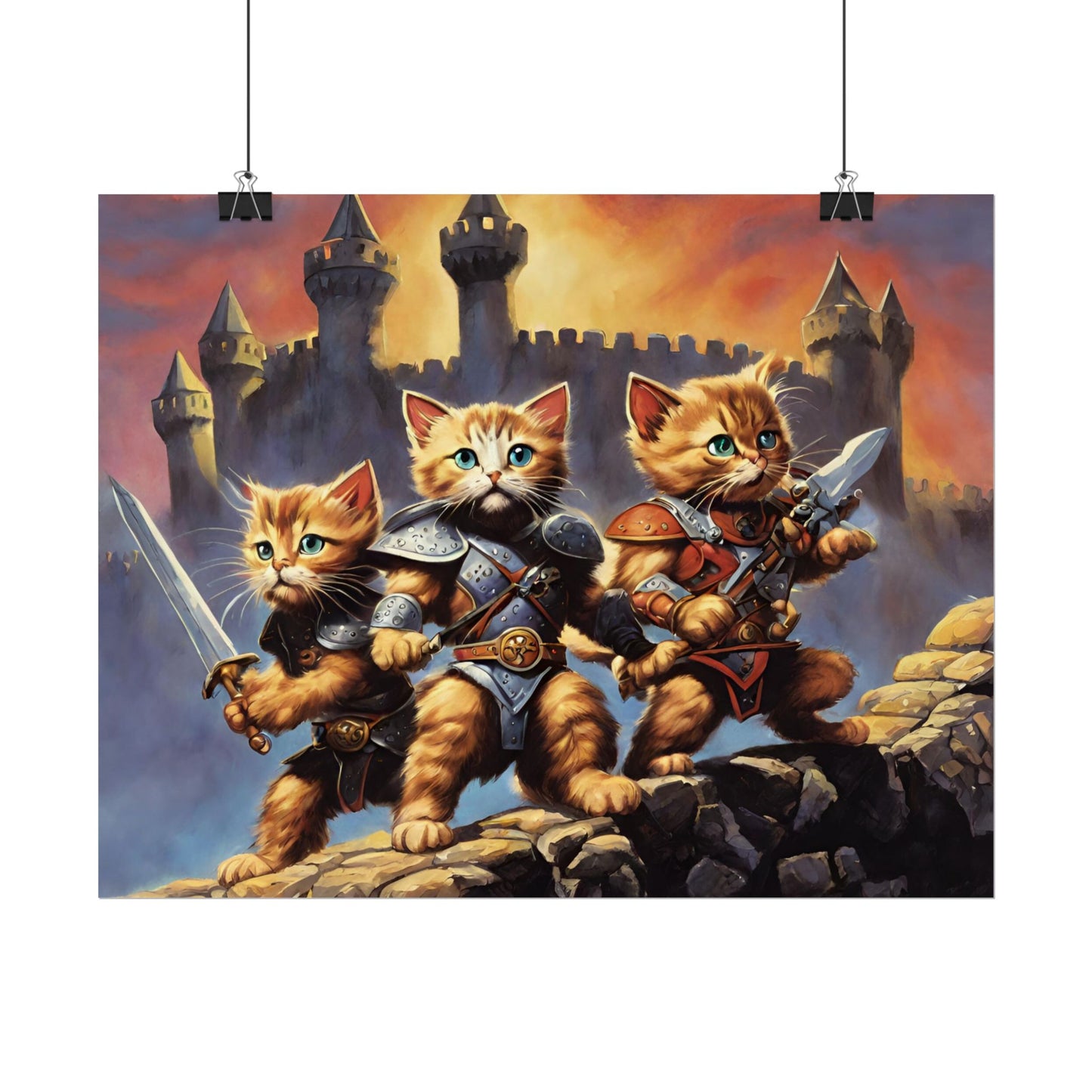 Cat Battler Warrior Poster, Office Bedroom Man Cave Portrait, Sword Wielding Cat Universe, Kitten Fighters Fantasy Wall Hanging