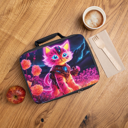 Neon Glowing Warrior Cat Lunch Bag Box, Girls Lush Flower Field Feline School Tote, Armored Kitten with Sword Insulated Bag