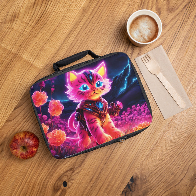 Neon Glowing Warrior Cat Lunch Bag Box, Girls Lush Flower Field Feline School Tote, Armored Kitten with Sword Insulated Bag