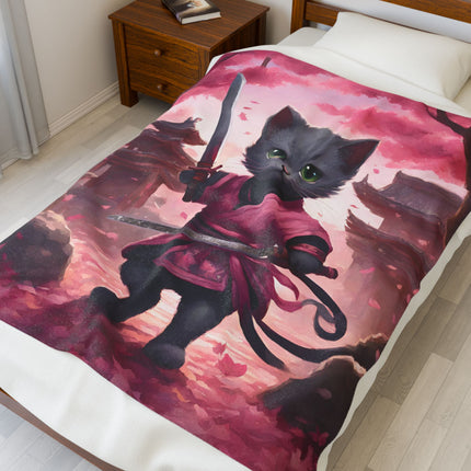 Samurai Warrior Cat Blanket, Sword Blade Kitten Warm Couch Throw Blanket, Pink Japanese Maple Tree Bed Cover, Bedroom Plush Sheet