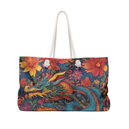 Custom Weekender | Japanese Dragon Travel Bag | Flowered Floral Serpent Japan Style Cruise Airplane & Hotel Road Trip Overnight Carrier
