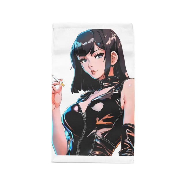 Cigarette Smoking Anime Girl Lunch Bag, Black Tight Leather Outfit Sexy Cute Office Work Carrier, Japan Cartoon Secret Agent Style Meal Bag