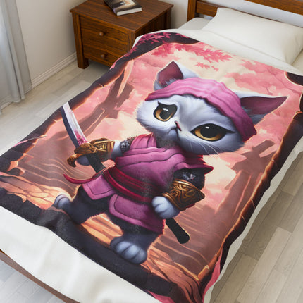 WHITE SAMURAI WARRIOR CAT Blanket - Pink Japanese Maple Tree Girls Kitty Cover