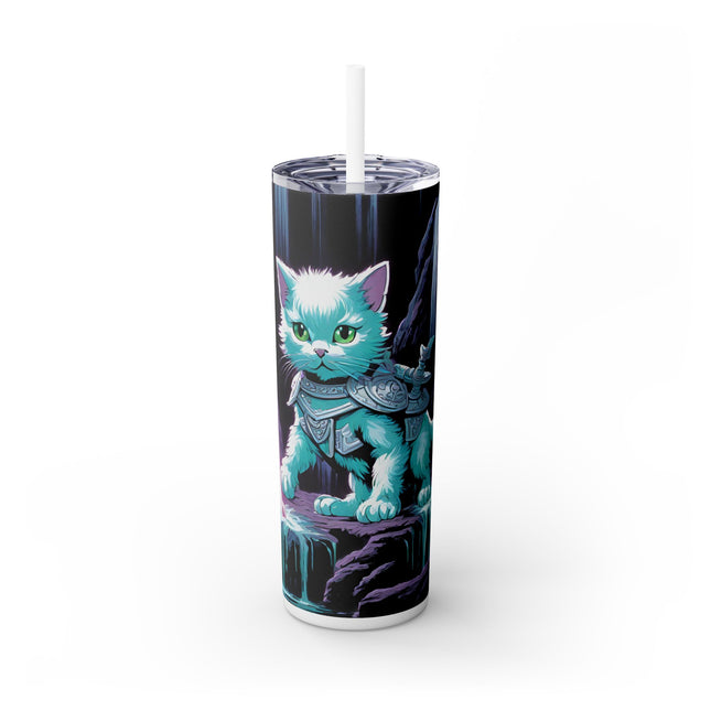 MYSTICAL WATERFALL CAVE CAT WARRIOR Tumbler - Pink Neon Sword Fantasy Kitten Cup