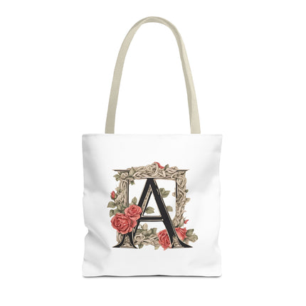 Custom Letter Personalized Tote | Rose Flowered Grocery Travel Bag | Floral Print Roses Office Laptop & Books or Exercise Overnight Carrier