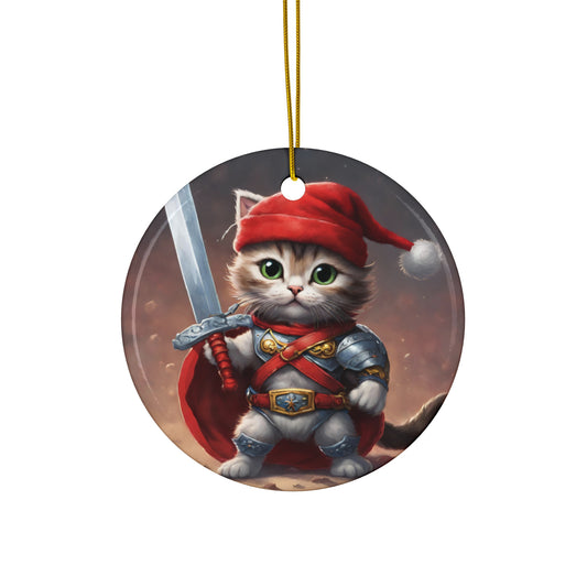 Kitten Christmas Ornament, Holiday Tree Decoration, Adorable Cat Gift, Round Ceramic Keepsake, KITTEN WARRIOR