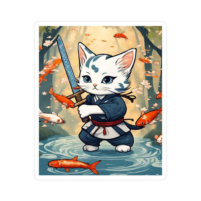 Samurai Warrior Cat Stickers, Floating Koi Fish Sword Kitten Vinyl Decals, Japanese Ninja Feline River Bed Satin Stickers