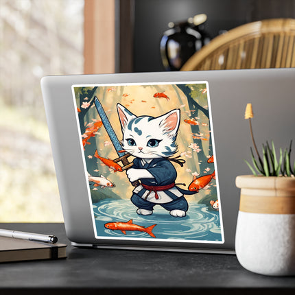 Samurai Warrior Cat Stickers, Floating Koi Fish Sword Kitten Vinyl Decals, Japanese Ninja Feline River Bed Satin Stickers