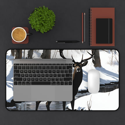Deer Hunter Desktop Mat | Winter Creek Big Buck Art Work Space | Snowy Nature Scene Mouse Pad Mat | Hunting Lovers Home Office Gift