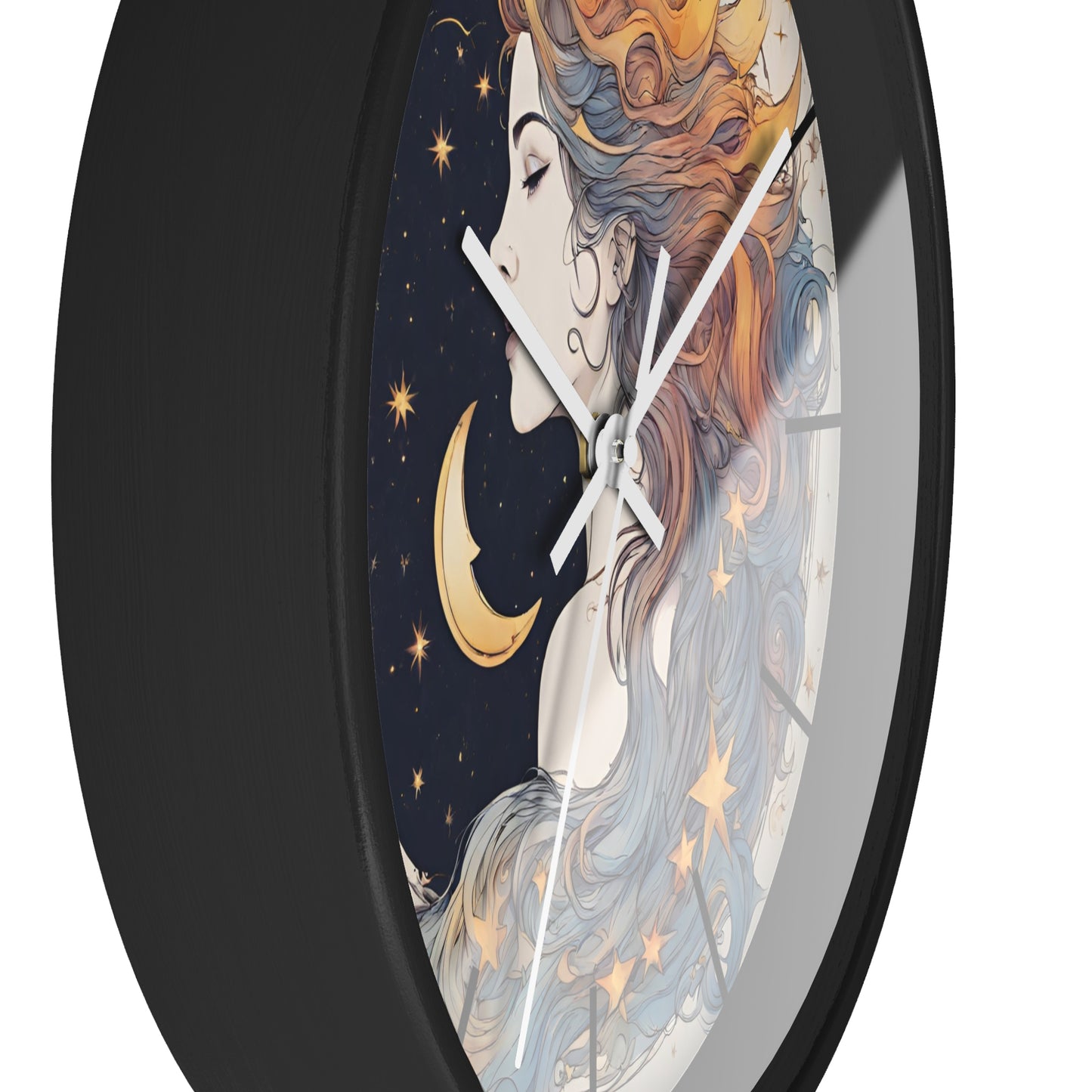 Moon Goddess Lined Wall Art Clock | Lunar Stars & Space Astronomy Wall Hanging | Woman of Time Home Office Solar System Wall Decor Gift